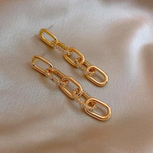 Hot Sale Oval Link Chain Long Tassel Earrings Cold Color Plating Pave Cubic Zirconia Geometric Drop Earrings Jewelr