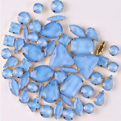 Gold claw settings 50pcs/bag shapes mix jelly candy Lt sapphire glass crystal sew on rhinestone wedding dress shoes bags diy