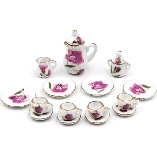 15Pcs/set 1:12 Dollhouse Miniature Ceramic Tableware Porcelain Ceramic Tea Cup Plate Simulation Kitchen Toys
