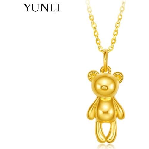 YUNLI Pure 24K 999 Gold Pendant Necklace Lovely Bear with Real 18K Gold AU750 Chain for Women Fine Jewelry Gifts PE015