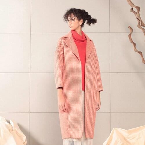 Long woolen blends cashmere coats for women 2019 autumn winter casual ladies jackets plus size high quality pink hounds tooth