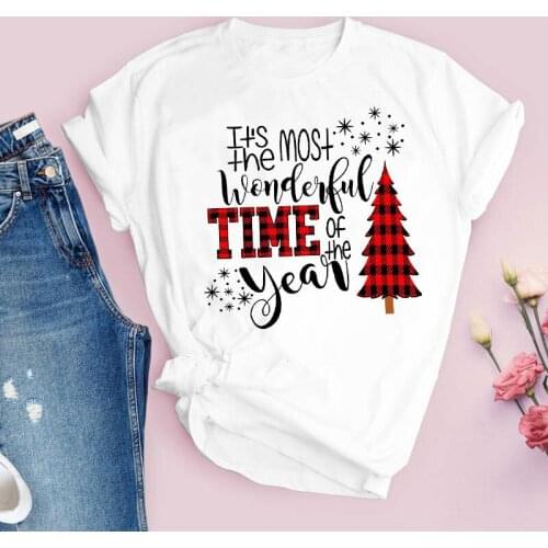 Tees for Women Print Plaid Tree New Year Holiday Merry Christmas Clothes Lady Tops Clothing Female T Shirt Graphic T-Shirt