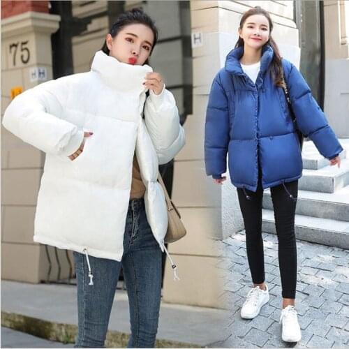 Korean Style Winter Jacket Women Stand Collar Solid Black White Female Blue Overcoat Loose Oversized Womens Short Parkas Mujer