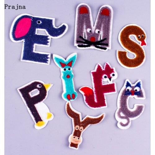 DIY Animal English Alphabet Letter Patch Embroidered Iron on Patch for Clothing Cartoon Cute Applique to Clothes Kids Badges