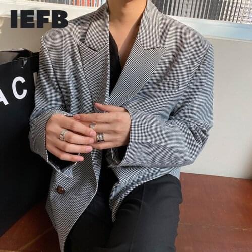 IEFB 2021 New Autumn Korean Mens Suit Jacket Exquisite Double Breasted Plaid Casual Lapel Stylish Urban Blazers Masculino Y8608