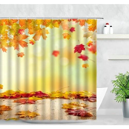 Autumn Scenery Shower Curtains Wood Board Maple Leaf Red Leaves Print Modern Natural Waterproof Cloth Bathroom Decor Curtain Set