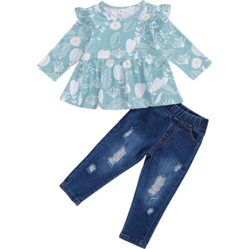 1-5Y New Spring Autumn Toddler Baby Little Girls Set Clothing Floral Print Long Sleeve Shirt Top+Ripped Denim Pants 2Pcs Outfit