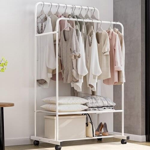 Simple Clothing Rack with Shelves Rolling Clothes Rack on Wheels Double Rods Hanging Garment Rack with Wheels and Bottom Shelves