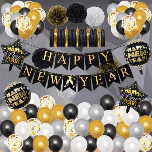 Happy New Year Decorative Balloons Banner Set Black Gold Color Latex Confetti Balloon New Year Party Decoration Props
