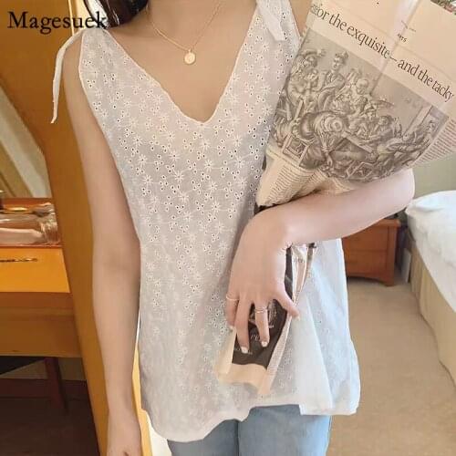 Chic Hollow Embroidered White Tank Tops Women Vest Summer Sleeveless V-neck Lace-Up Tanks Camis Korean Lady Plus Size Tops 14367