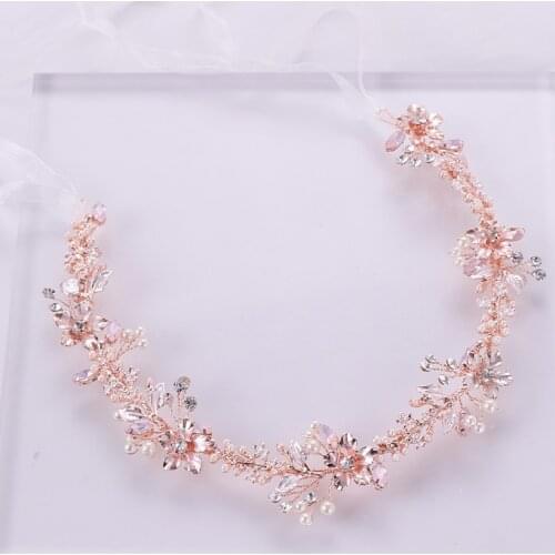 Rose Gold Crystal Pearl Hair Ornaments Headband Flower Bridal Handmade Tiara Hair Jewelry woman Wedding Headpiece Jewelry Party
