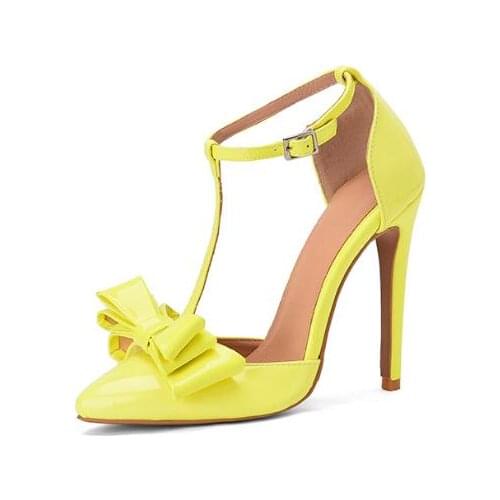 Carpaton Lemon Patent leather High Heel Shoes Woman Pointed Toe T-strap Thin Heels pumps Butterfly-knot Party Dress Shoes