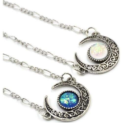 2pieces Synthetic Opal Vintage Tribal Crescent Form Necklace with 24'' Copper Chain Necklace Pendant Jewelry