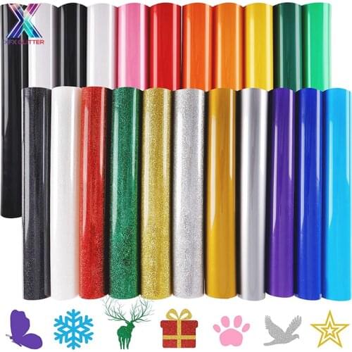 XFX HTV 25*30.5CM Iron on Vinyl Heat Transfer 22pcs Includes 16pcs Assorted Colors and 6pcs Glitter HTV Vinyls for Shirts Vinyl