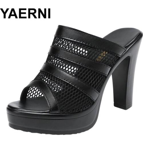 YAERNI block heel platform shoes women slippers summer 2020 open toe high heels slides ladies cutout slippers big size 33-43
