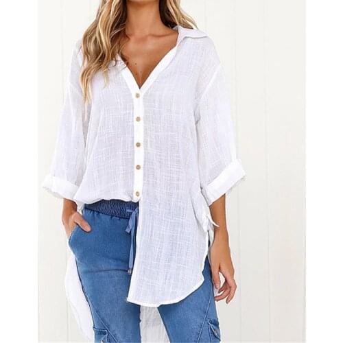 Womens Loose Button Long Blouse Dress Cotton Ladies Casual Tops Fashion T-shirt Blouse Blusas Mulher Elegantes #G3