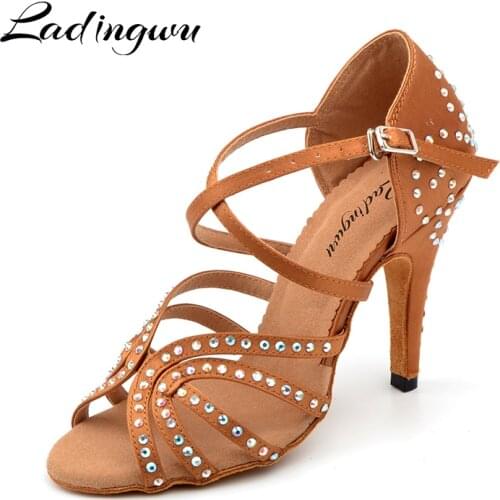 Ladingwu Glitter Rhinestone Latin Dance Shoes womens Satin Brown Salsa Wedding Ballroom Dance Shoes Women high heel 10cm