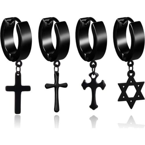 1 Piece Punk Cross Stars Pendant Round Earrings For Women Rock Men Simple Stainless Steel Stud Earrings Jewelry