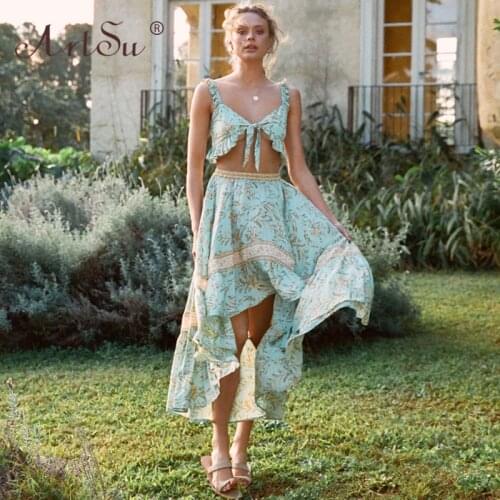 ArtSu Women Boho Maxi Dress Spring Summer Ruffles Crop Top Long Skirt Two Piece Set Floral Print Bohemian Holiday Party Suits