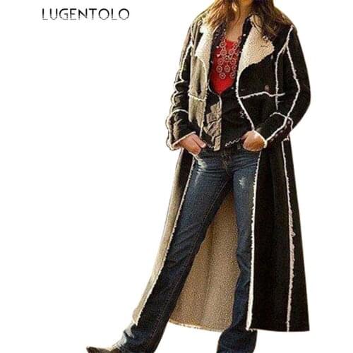 Lugentolo Womens Long Coat Autumn Winter Flocking Vintage Double Breasted Full Sleeve Turn-down Collar Slim Womens Windbreaker