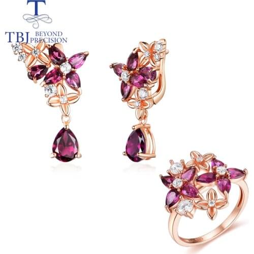 2021new flower design jewelry set natural 7.5ct brazil rhodolite garnet fine jewelry romantic women wife gift 925 silver ring