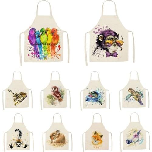 1Pcs Kitchen Apron Cute Animal Leopard Monkey Printed Sleeveless Cotton Linen Aprons for Men Women Home Cleaning Tools 55*68cm