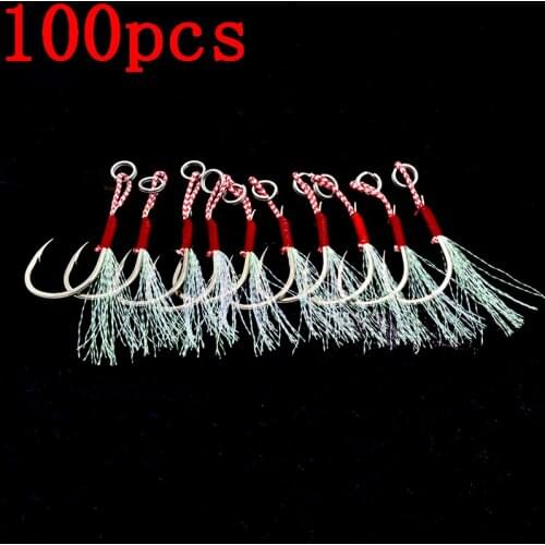 100pcs/Lot Assist Hook Fishing Lure Slow Jigging Fish Cast Jigs Barbed Single Jig Hooks Thread Feather Pesca Carbon Steel Peche