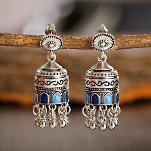 2020 Womens Indian Jhumka Jhumki Jewelry Ethnic Retro Bollywood Oxidized Small Bell Tassel Blue Carved Dangle Earrings For Women