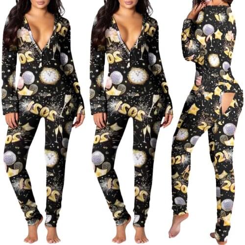 Adogirl 2021 Firework Champagne Pattern Print Onesies Long Sleeve V-neck Pajama Romper Women Jumpsuit Nightwear Home Wear
