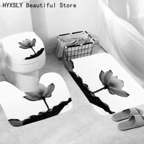White abd Black Lotus Printing Mat Kitchen Balcony Bathroom Decor Carpet Anti-Slip Pedestal Rug Lid Toilet Cover Set 3pcs Gift