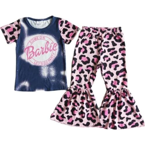 Wholesale kids outfits short sleeve bleached tee shirt pink leopard bell bottom pants boutique baby girls clothing sets NO MOQ