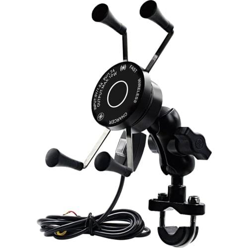 Motorcycle Phone QC3.0 USB Qi Fast Charging Wireless Charger 9-30v Bracket Holder 360 Rotation Motorcycle Bicycle Handlebar
