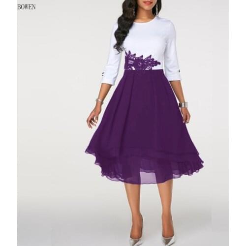 Elegant Embroidery Lace Patchwork Chiffon Dresses Women 2020 Summer Autumn Casual Plus Size Slim Long Party Dress Vestidos