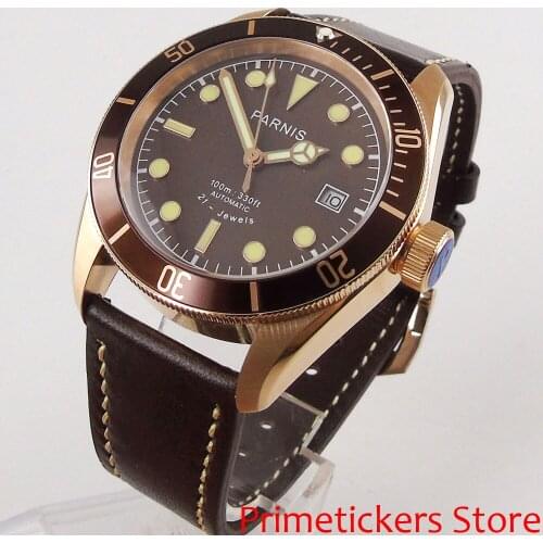 Brown dial gold plated case PARNIS 41mm sapphire crystal date automatic movement luminous leather strap mens wath