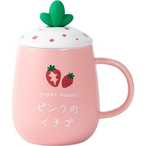 430ml Japanese Style Cartoon Cute Strawberry Ceramic Cup Creative Mug Ins Water Cup with Lid Spoon Couple Cup Customized Cute