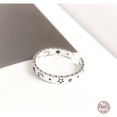 LKO 925 Sterling Silver Vintage Star Moon Adjustable Ring For Women Party Fine Jewelry Minimalist Accessories Classic Gift