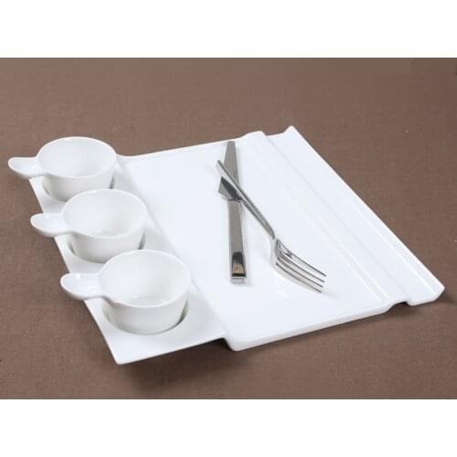 Fashion Square Ceramic Serving Dish with Cups Decorative Porcelain Flat Dinner Plate Tableware for Beef Steak, Noodles and Cakes