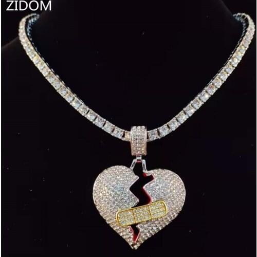 Men Hiphop Broke heart Pendant Necklace with 5mm tennis chain iced out bling HipHop jewelry Male fashion gifts