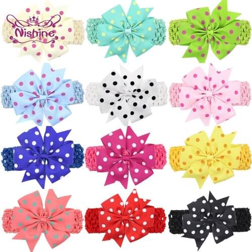 Nishine Fashion Dots Dovetail Bows Baby Headband Grosgrain Ribbon Bowknot Knitting Elastic Hairband Kids Accessories Photo Props