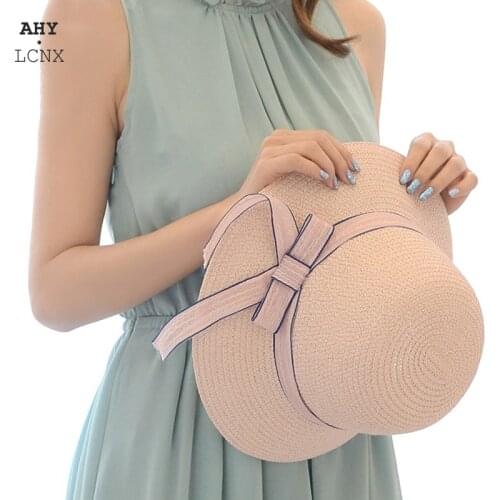 "New Summer Women Straw Hat Fisherman Ladies Sun Hat For Raffia Cap Foldable Hats Bowknot Female Wide Brim Beach Hat "