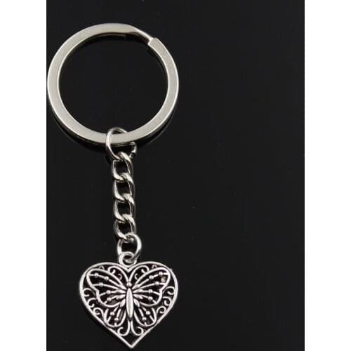 New Fashion Keychain 22x20mm Heart Butterfly Pendants DIY Men Silver Color Car Key Chain Ring Holder Souvenir For Gift
