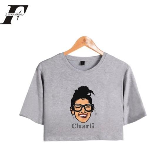 NEW Charli Print Crop Top Charli D'amelio Exposed Navel T Shirt Girl Oversize O-neck Tops Women Funny T Shirt Kpop 2020 Casual