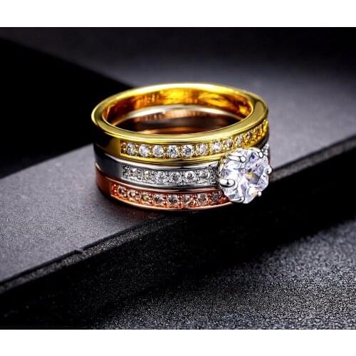 Top Quality Vintage 3 Rounds Cubic Zirconia Rings Rose Gold Color Fashion Brand Cubic Zirconia Retro Jewelry For Women DWR107
