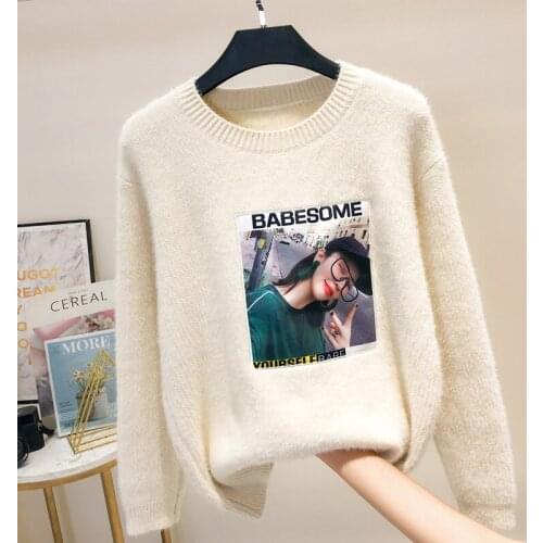 2021 Autumn/winter New Patch thick sweater women loose O neck long-sleeved knitting coat warm Female pullovers pattern design