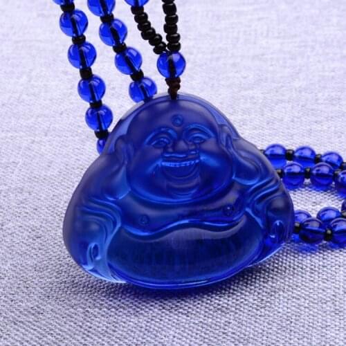 Natural white crystal good luck necklace Blue crystal Buddha head maitreya sweater chain necklace
