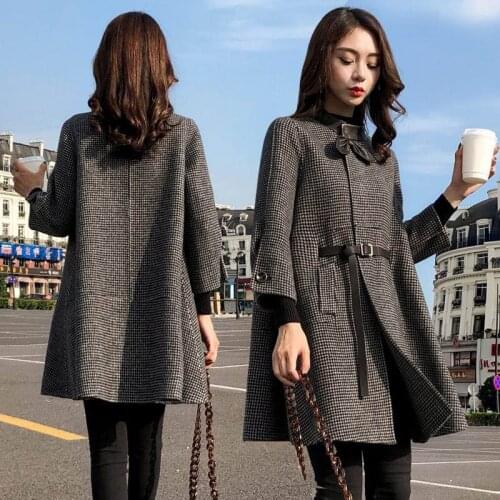 Woolen coat womens long section spring and autumn Korean version of the A word version of the houndstooth cloak woolen coat