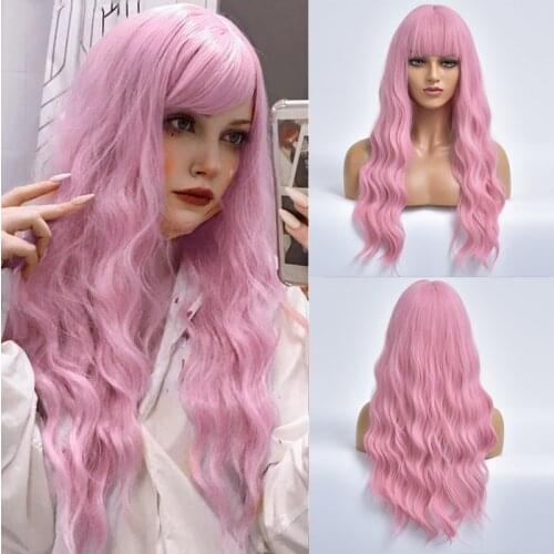 Cosplay Pink Long Wave Colored Hair Synthetic Wigs For White Women With Bangs Natural Daily Heat Resistant Female Fiber Wig