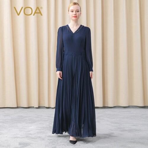 VOA Silk Double Layer Georgette Navy Heart Neck Pair Silk Shirt Sleeve Loose Waist Elegant Dress AE592 Maxi Dresses for Women