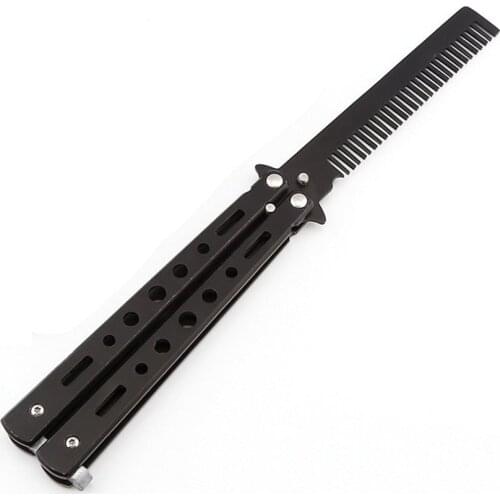 Professional Salon Stainless Steel Folding Practice Training Butterfly Style Knife Hair Comb Styling Tools Black/Silver Cool