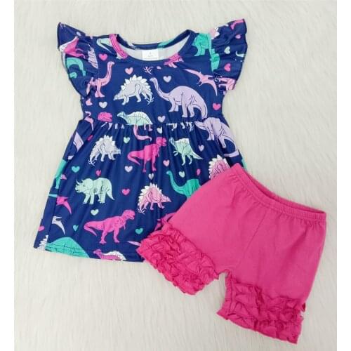 RTS 2020 Baby girl cute popular fashion dinosaurs full printed tunics ruffle shorts newborn children design clothes clothing